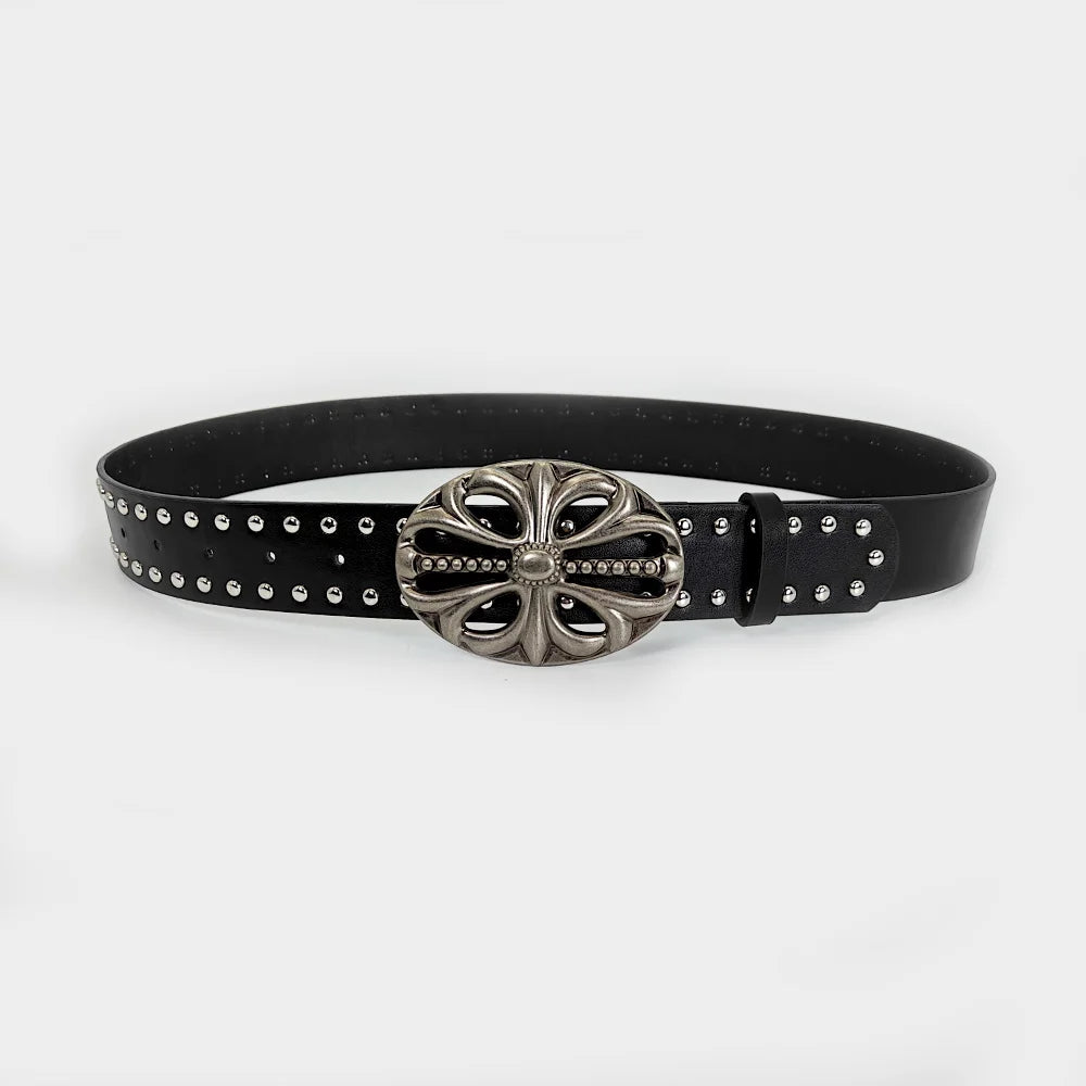 Unisex Punk Gothic Jeans Belt - Wide Hollow Cross & Heart Rivet Waistband for Women and Men