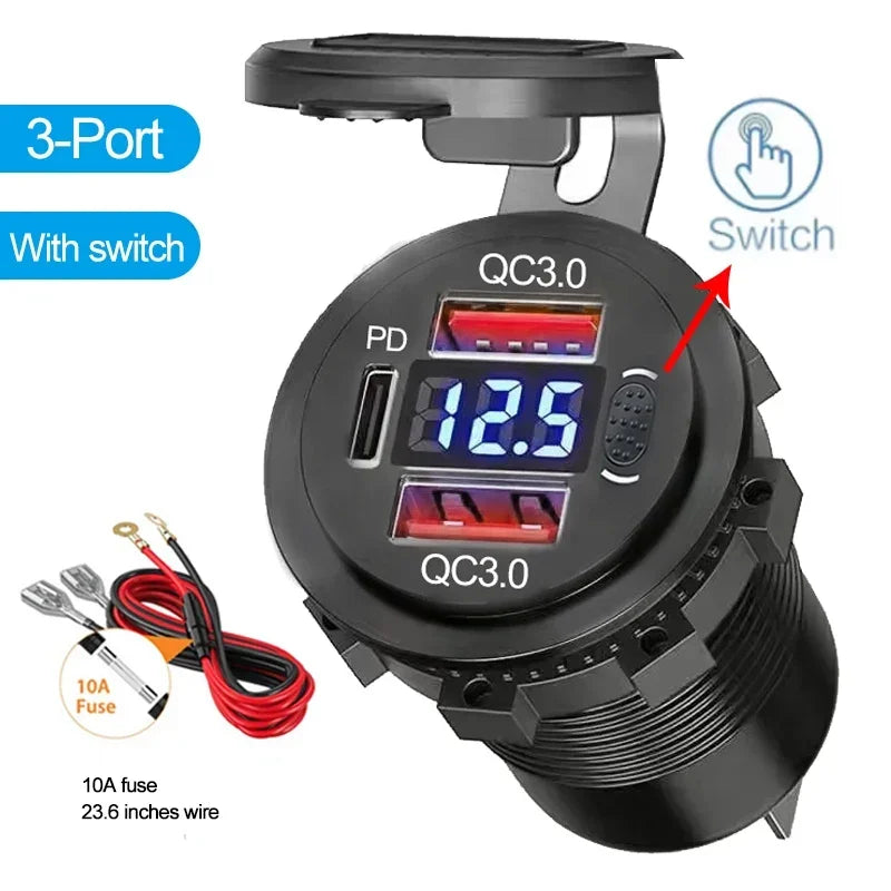 96W Dual USB Car Charger - PD & QC3.0 Fast Charging Socket with Voltmeter for 12V/24V Cars, Trucks, Boats & Motorcycles