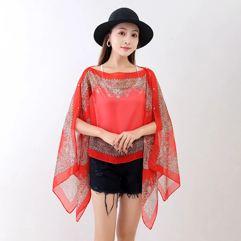 Women’s Summer Beach Shawl – Loose Chiffon Bikini Cover-Up Blouse with Buttons Sun Protection Scarf