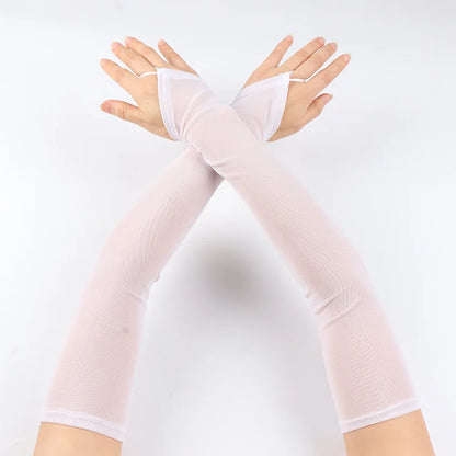 Women’s Elastic Mesh Lace Gloves – Transparent Long Arm Sleeves for Sun Protection, Wedding & Cosplay Costume Accessory