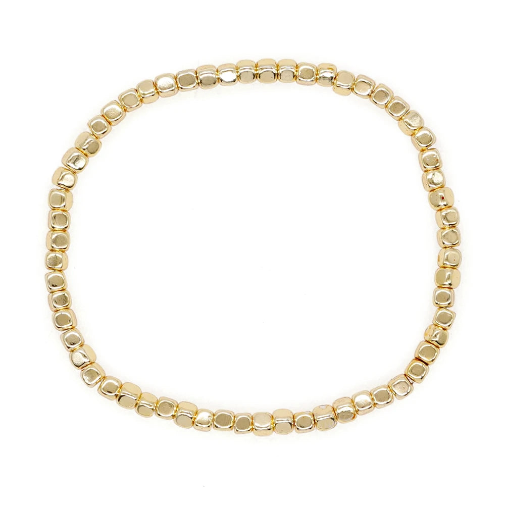 Go2boho Hematite Stone Beaded Bracelet – Handmade Gold Elastic Stretch Stackable Unisex Jewelry