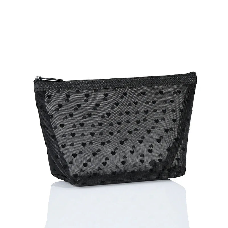 Transparent Mesh Zipper Cosmetic Bag – Fashionable Black Toiletry Organizer, Small & Large Makeup Pouch for Women