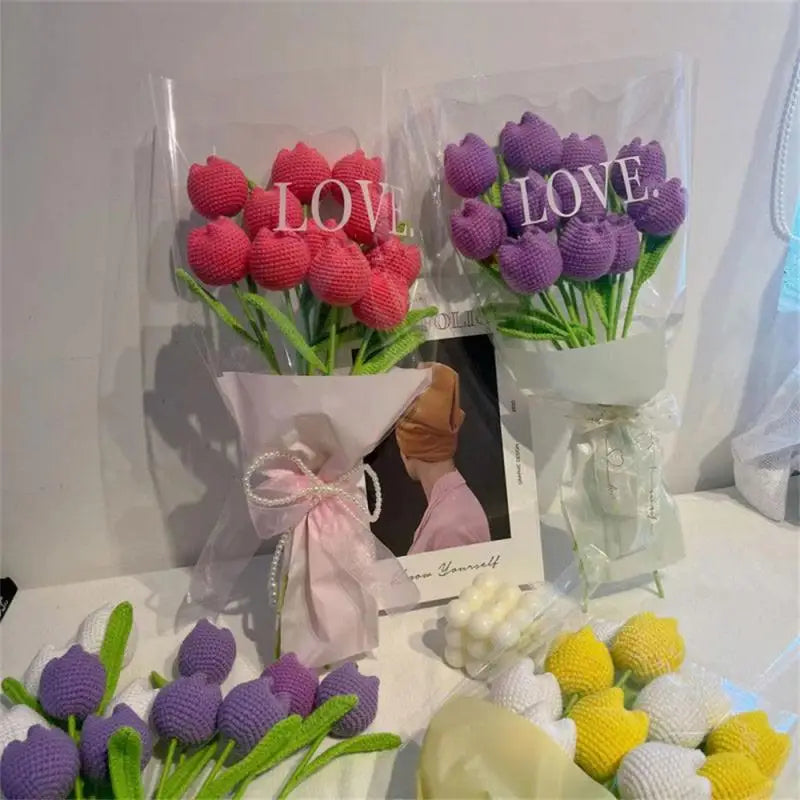 Hand-Knitted Rose, Tulip & Sunflower Bouquet – Crochet Simulation Floral Arrangement for Home Table Decor