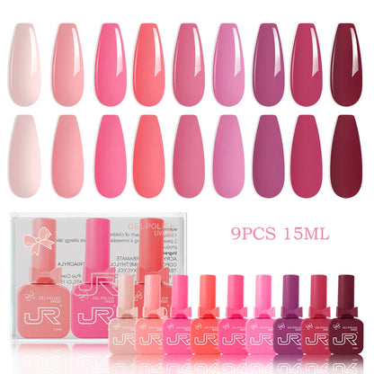 JR 9pcs Gel Nail Polish Set 15ml – Red, Pink, Nude UV LED Soak-Off Kit with Top & Base Coat for DIY Manicure & Gifts