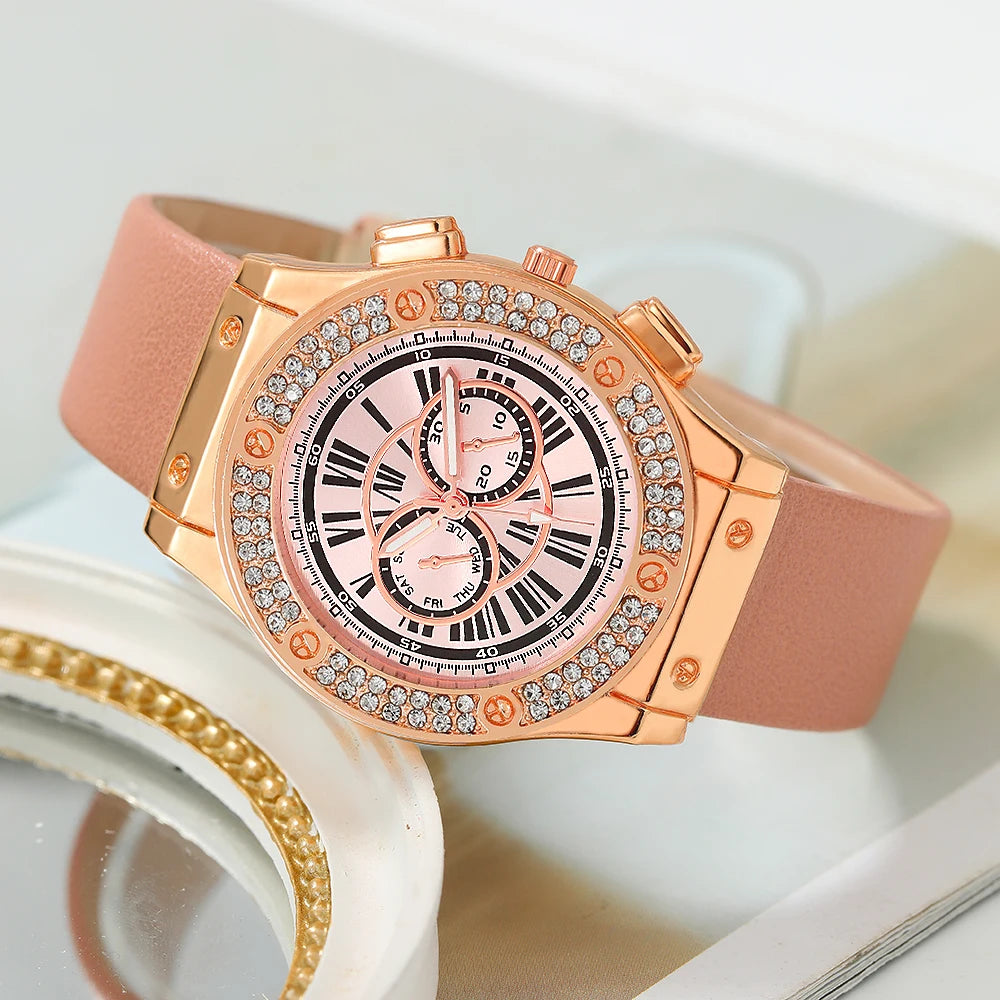 3PCS Women’s Casual Leather Watch Set – Quartz Wristwatch, Heart Bow Wallet, Glasses & Sunglasses Clock Montre Femme