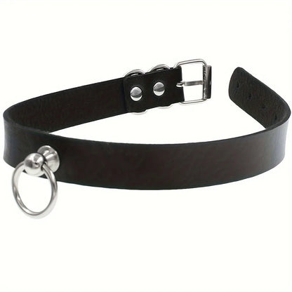 Gothic Punk PU Leather O-Ring Choker - Adjustable Collar Necklace for Women, Halloween & Alternative Fashion