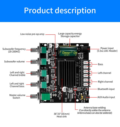 ZK-MT21 Bluetooth 5.0 2.1 Subwoofer Amplifier Board – CS8673E 50W×2 + 100W Stereo Bass Audio AMP with AUX Input