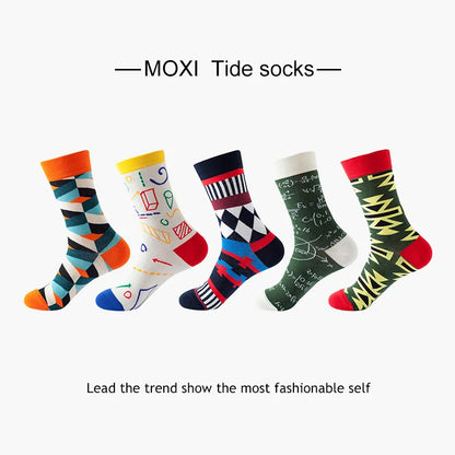 5-Pair Men’s Cotton Sports Socks Pack - Hip Hop Harajuku Pastel Print Long Tube Running Casual Socks