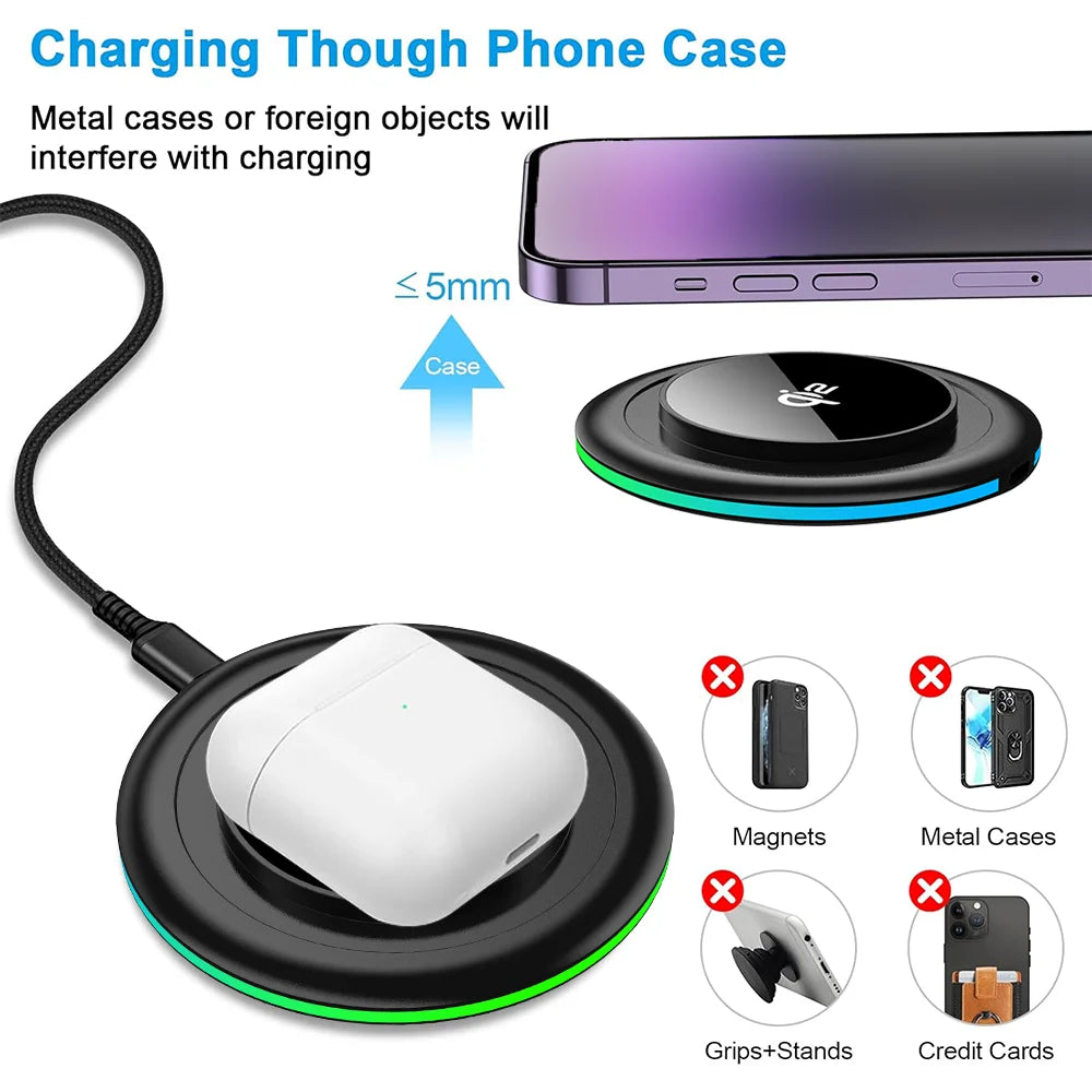 Desktop Wireless Charging Station with Type-C Cable and LED Light - Fast Charger for iPhone 12–17, Samsung Galaxy S24/S25, Xiaomi and Huawei