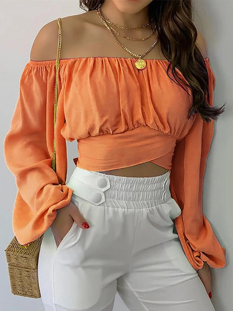 Boho Print Blouse: Women's Elegant Casual Off-Shoulder Slim Shirt - Long Lantern Sleeve Chic Cropped Top for Summer Tunics