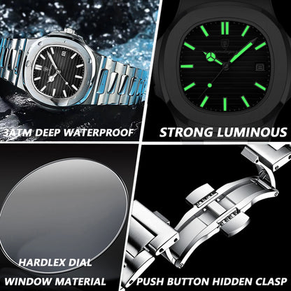 POEDAGAR Luxury Men's Sports Watch — Waterproof Luminous Quartz Wristwatch with Square Dial & Date