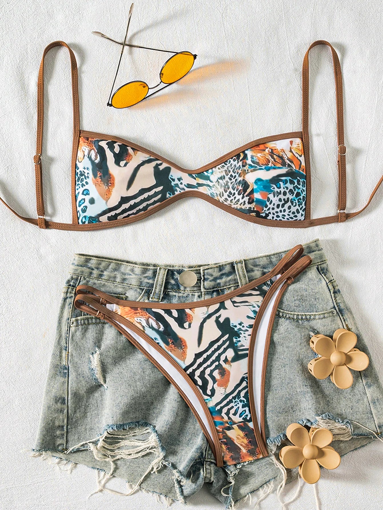 Circyy Fashion Print Bikini Set - Women's Halter Backless Split Swimsuit Summer Beachwear
