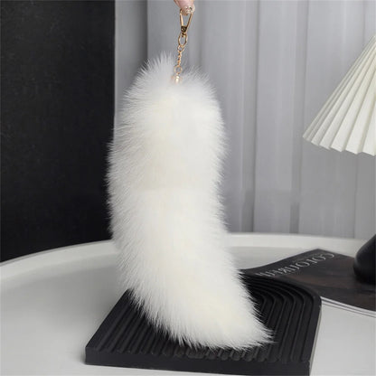 Natural Fox Fur Tail Keychain – 40cm Furry Racoon Bag Charm & Fluffy Keyring Accessory for Women
