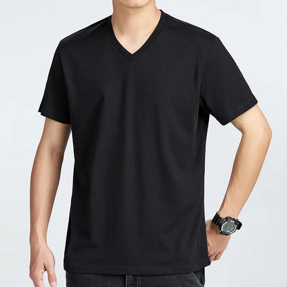 Men's Pure Cotton V-Neck T-Shirt - Comfortable Loose-Fit Casual Short Sleeve Top