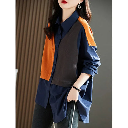 Women’s Fashion Lantern Sleeve Shirt – French Patchwork Blouse, Single-Breasted Business Casual Office Top
