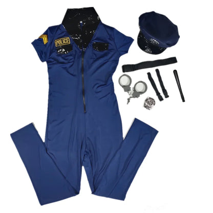 Women's Blue Police Jumpsuit Costume - 7-Piece Zipper Cop Uniform Set for Halloween Cosplay