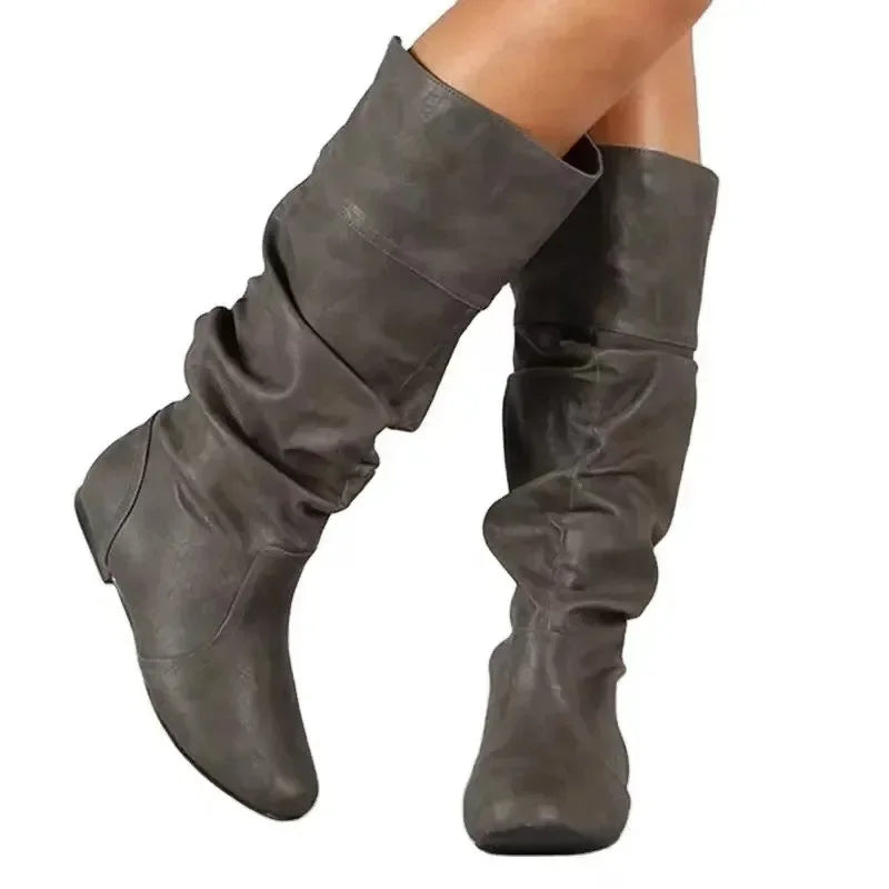 Women’s Mid-Calf Cowboy Boots – Flat Western Style Faux Leather Spring Autumn Shoes 35–43