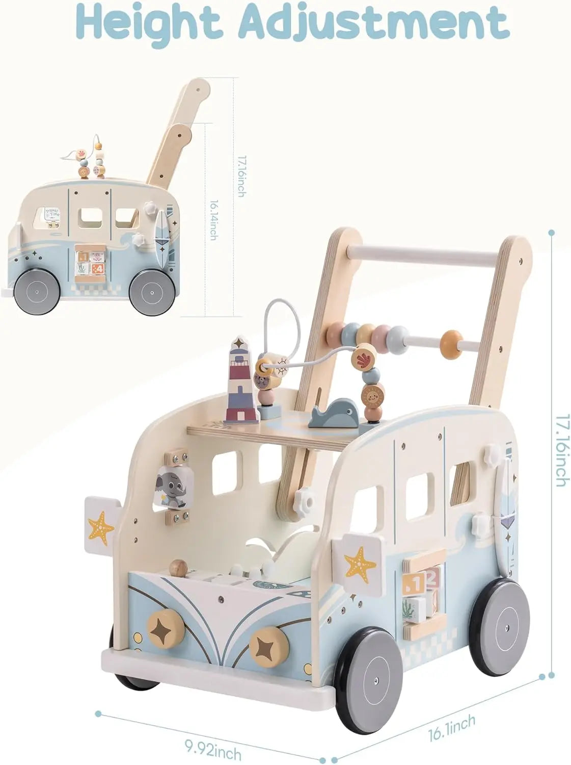 Robotime Robud Wooden Baby Walker – Push-Along Activity Walker with Wheels, Multifunctional Toddler Toy Gift for Boys & Girls