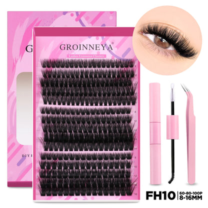 GROINNEYA DIY Lash Extension Kit – Cluster & Individual Lashes Set with Lash Bond & Seal for At-Home Eyelash Extension Makeup