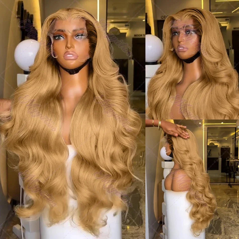 Brazilian #27 Honey Blonde Body Wave Wig – 30-34 Inch, 13x4 Lace Front, HD Transparent Lace Frontal, 200% Density for Women
