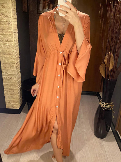 Sexy Women’s V-Neck Long Maxi Beach Cover-Up Dress – White Tunic Pareo Swimwear Robe Bikini Beachwear V2623