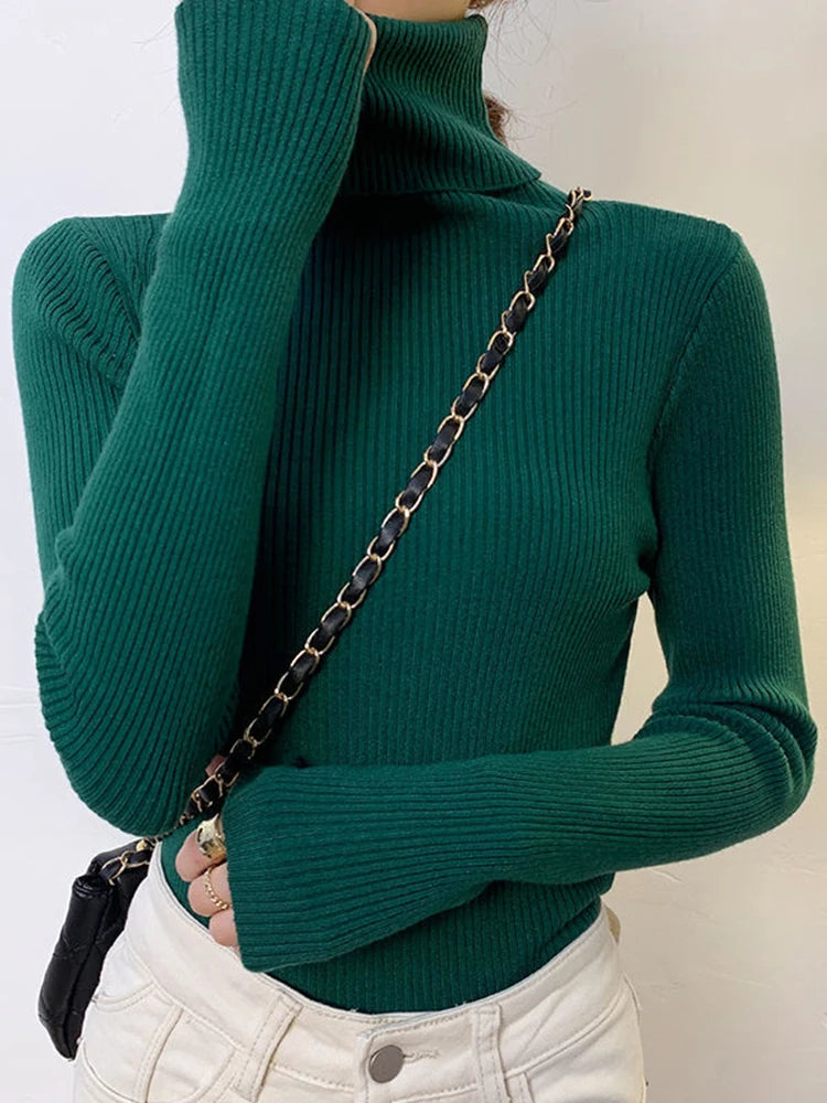 ZOKI New 2023 Women's Turtleneck Pullover Sweater - Slim Fit, Long Sleeve Elastic Jumper, Simple Korean Style Solid Color Top