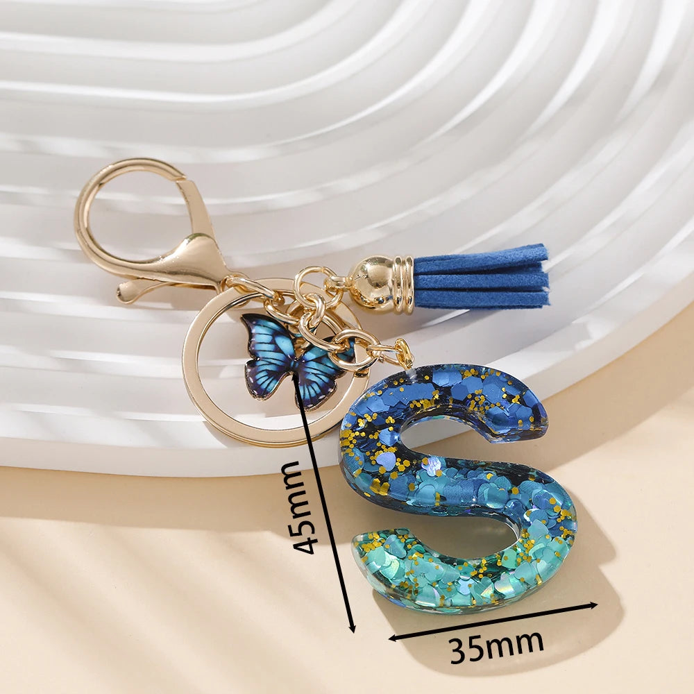 Royal Blue Butterfly Initial Keychain - Alloy Alphabet Letter & Tassel Backpack Charm