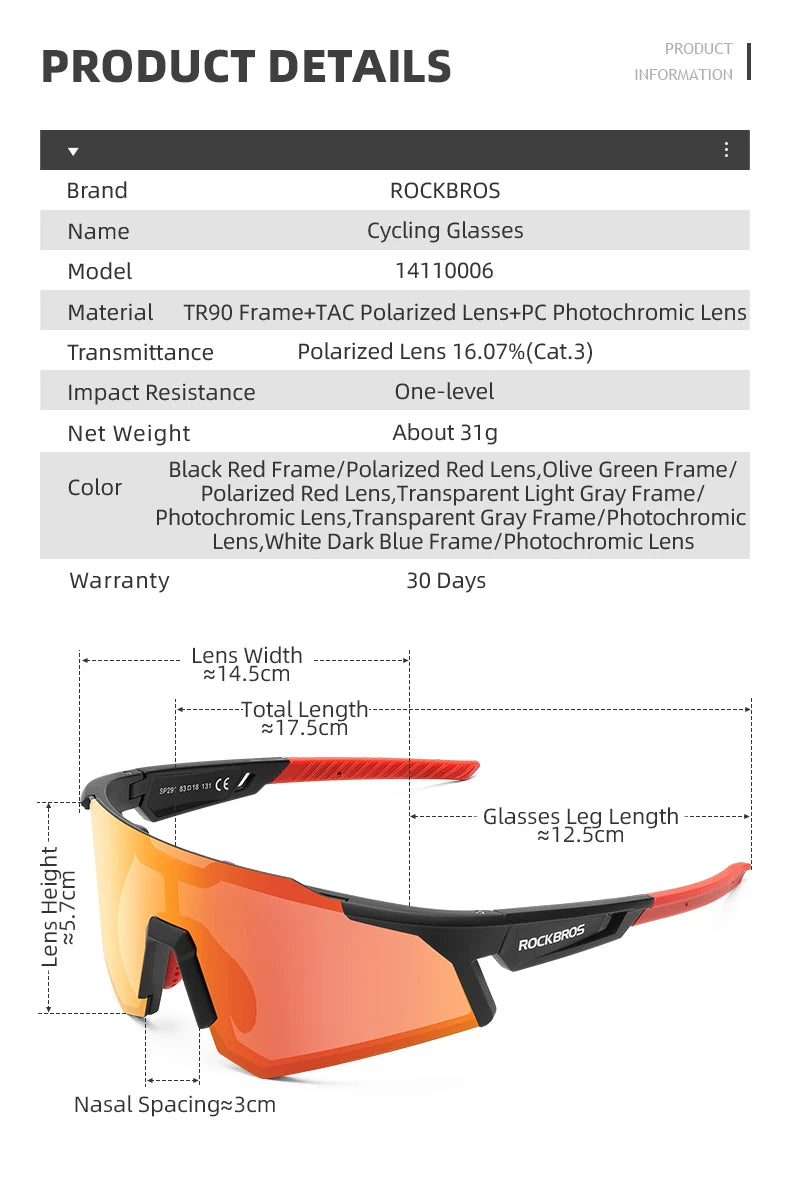 ROCKBROS Cycling Glasses — Photochromic & Polarized Bike Sunglasses for MTB, Road & Outdoor Sports