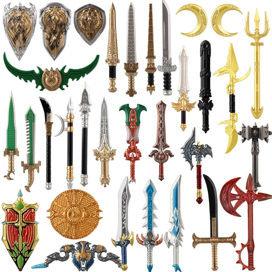 Medieval Figure Weapons Building Blocks Kit – King Sword, Lion Shield, Trident & Double-Edged Axe Battle Toy