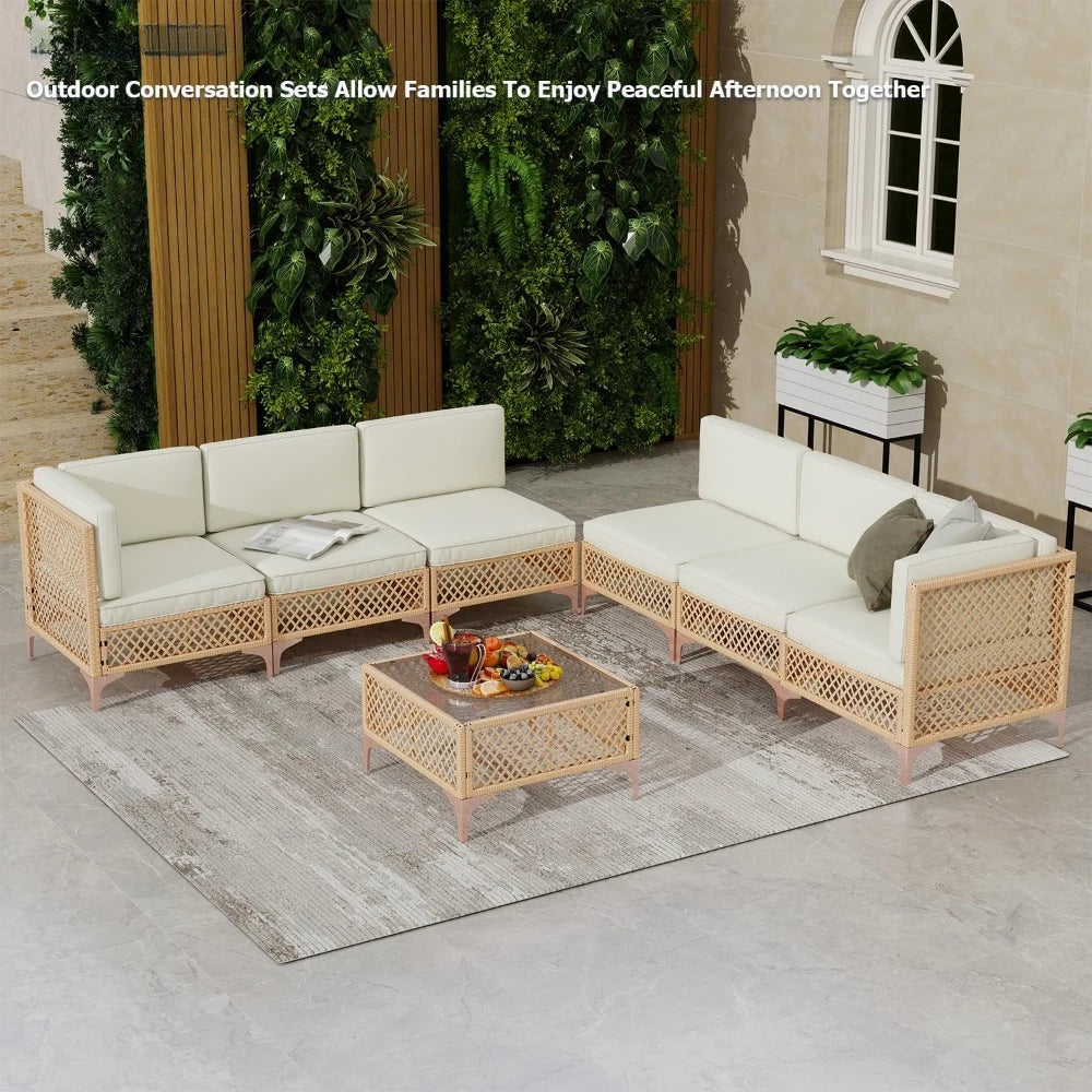 7-Piece Boho Outdoor Patio Furniture Set – Sectional Sofa with Coffee Table for Backyard & Garden