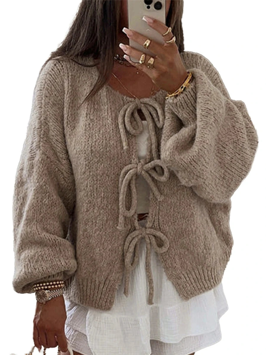 Fashion Knitted Bow Lace-Up Cardigan for Women – Y2K Open Front Sweater, Sweet Lantern Sleeve Oversized Knit Cardigan