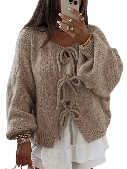 Fashion Knitted Bow Lace-Up Cardigan for Women – Y2K Open Front Sweater, Sweet Lantern Sleeve Oversized Knit Cardigan