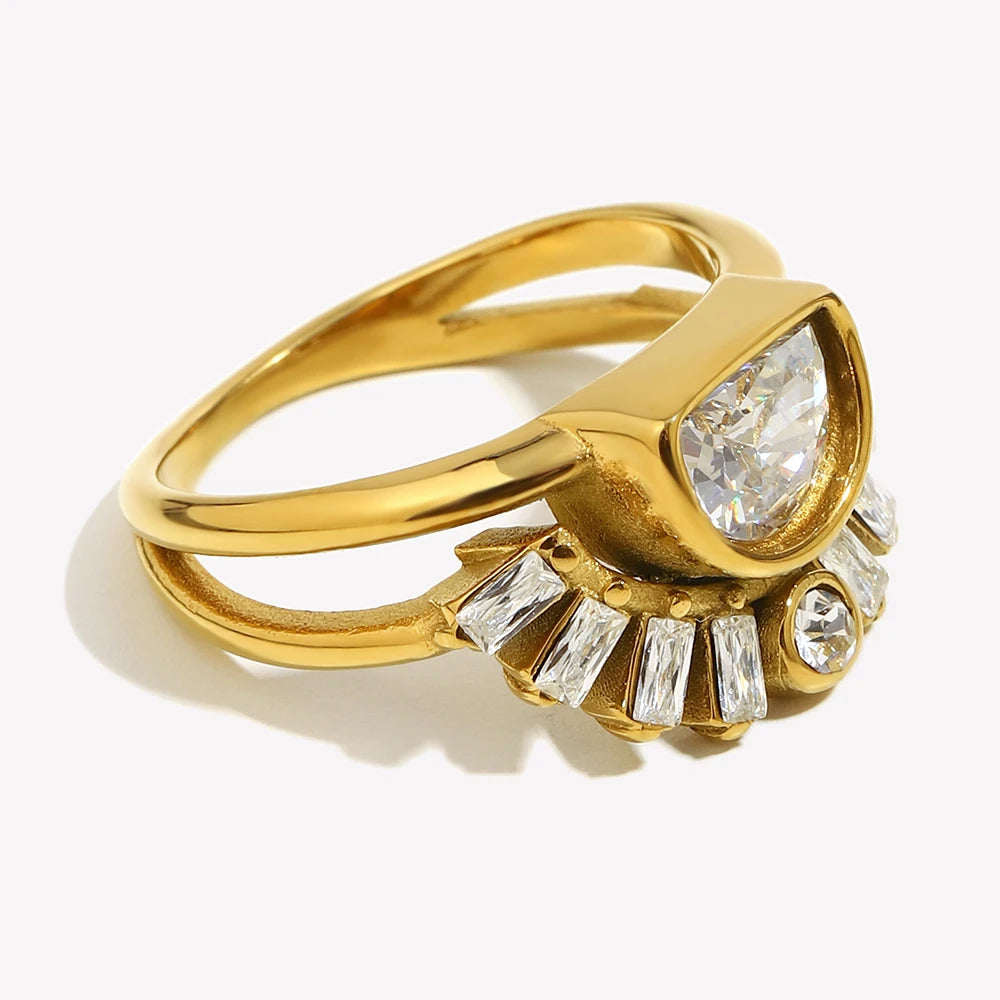 Women's Stainless Steel Rhinestone Sun Layer Ring – Elegant Tarnish-Free Party Jewelry Gift