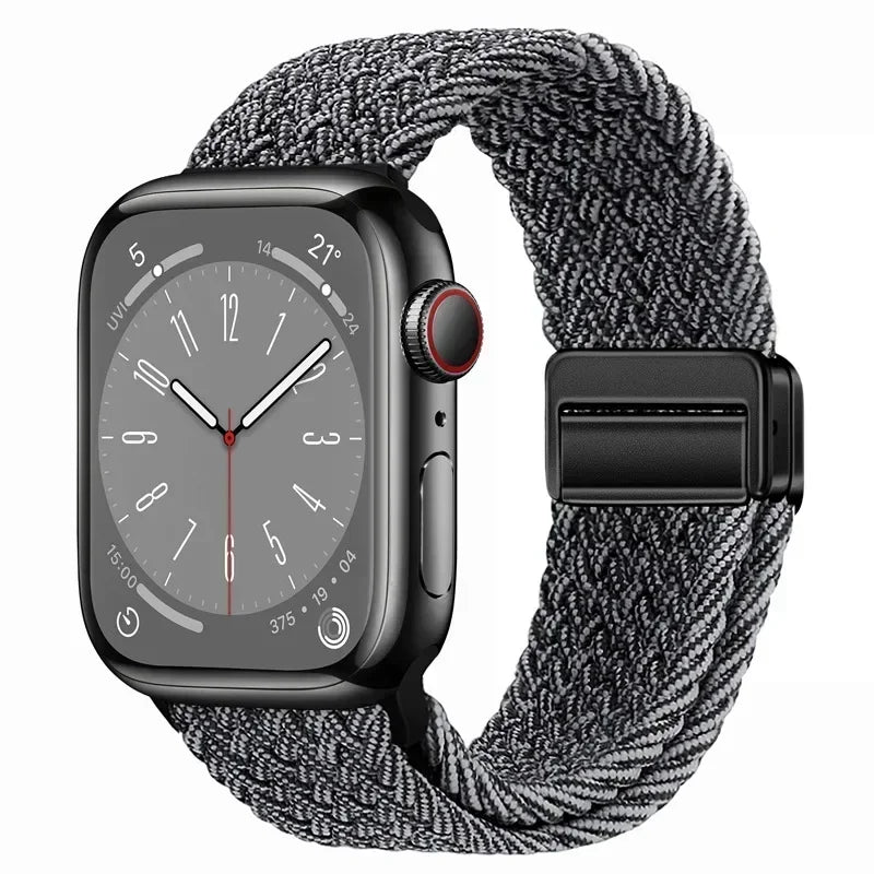 Nylon Braided Loop Apple Watch Band – Magnetic Metal Bracelet Strap for Ultra 2, Series 3–9 & SE (40mm–49mm) Adjustable Wristband
