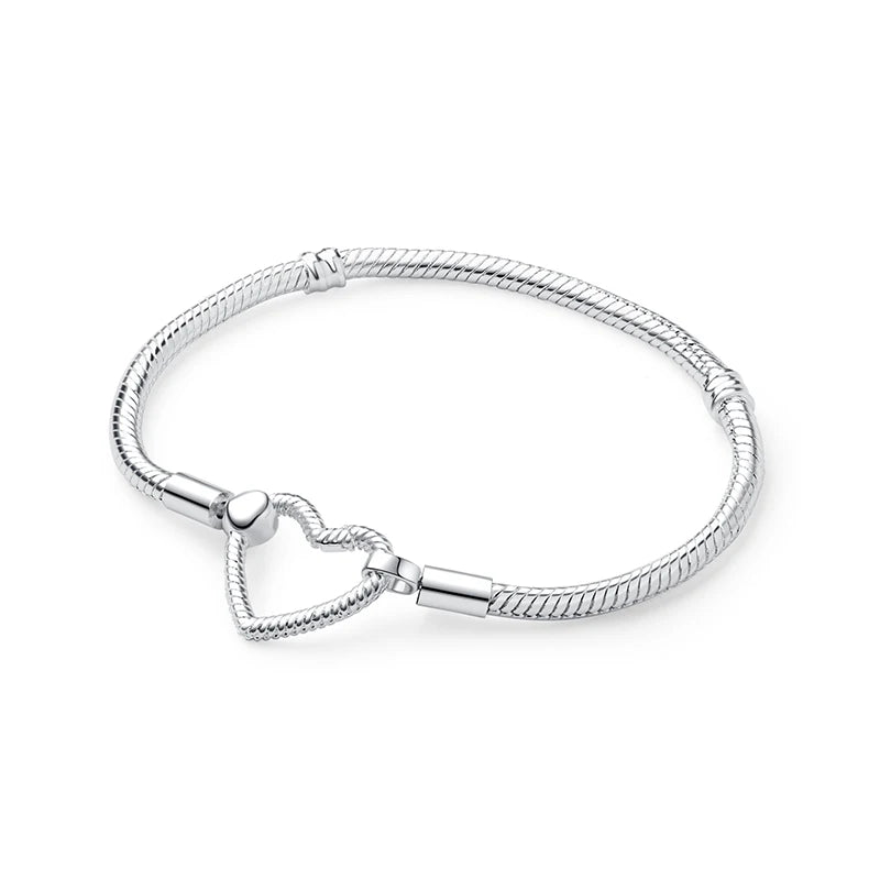 925 Sterling Silver Love Heart Charm Bracelet – Rose Gold Snake Chain Bangle for Women | DIY Luxury Bead Jewelry Accessories