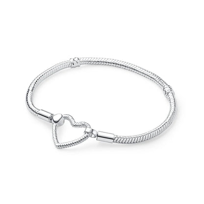 925 Sterling Silver Love Heart Charm Bracelet – Rose Gold Snake Chain Bangle for Women | DIY Luxury Bead Jewelry Accessories