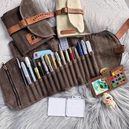 Oil Wax Leather Pencil Case – Waterproof Canvas Carabiner Bag for Artists, Students & Portable Travel Storage