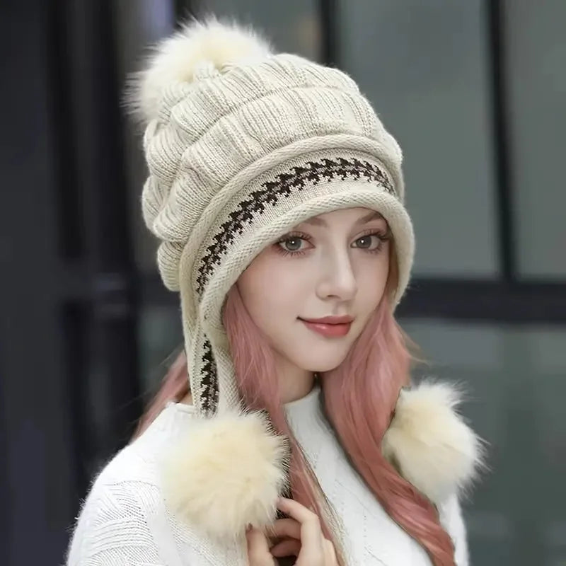 Cozy Knit Fleece Beanie with Ear Flaps & Pompom — Warm Winter Hat for Women, Ideal for Skiing & Outdoors