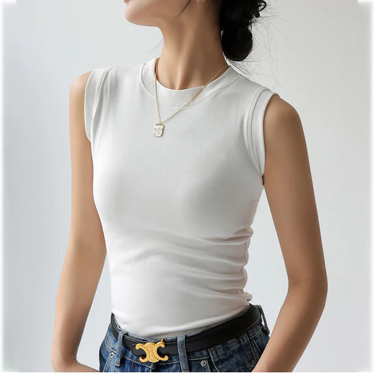 Women’s Cotton Camisole Vest – Colorful Round Neck Basic Sleeveless Undershirt with Side Cleavage Coverage C4878