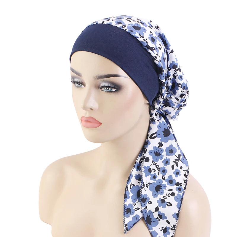 Women’s Pre-Tied Turban Cap – Muslim Hijab & Chemo Hair Loss Head Scarf with Flower Print Stretch Bandana