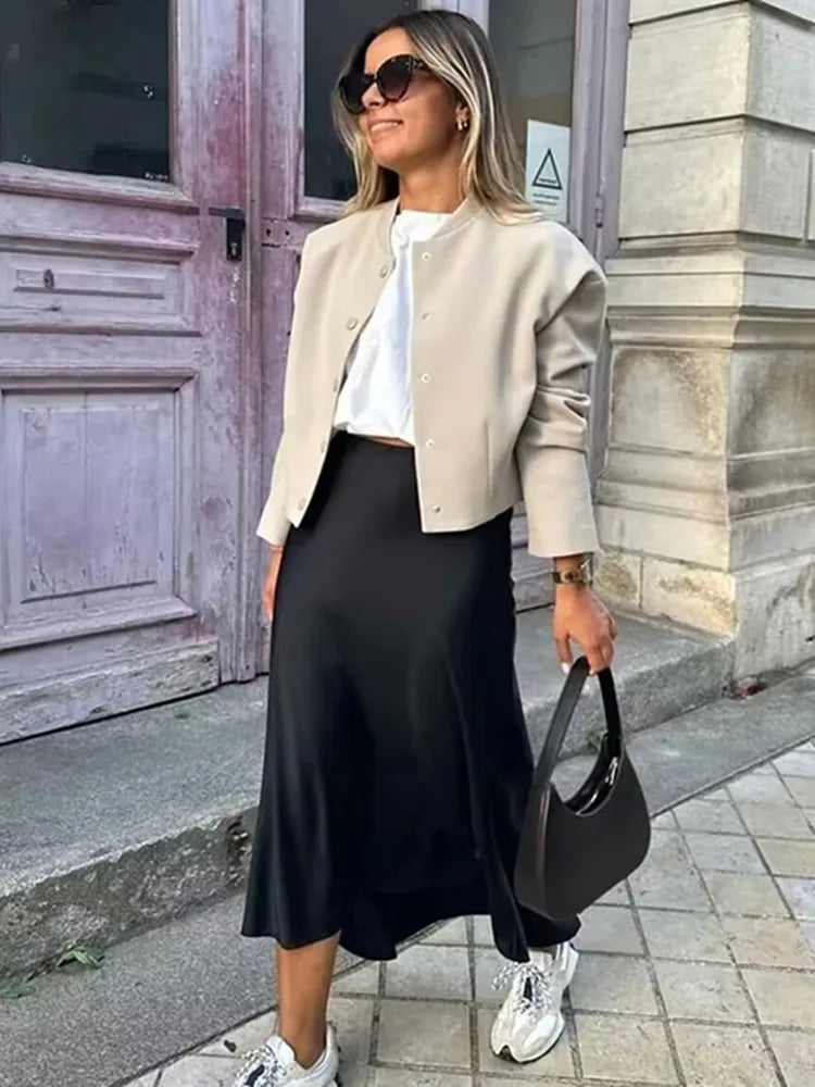TRAF Women’s 2024 Satin Skirt — High Waist Black Midi Summer Skirt, Elegant Office Long Skirt for Women