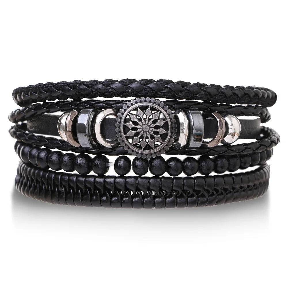 4Pcs Men's Braided Leather Bracelets Set – Vintage Life Tree & Rudder Charms, Wood Beads, Ethnic Tribal Wristbands