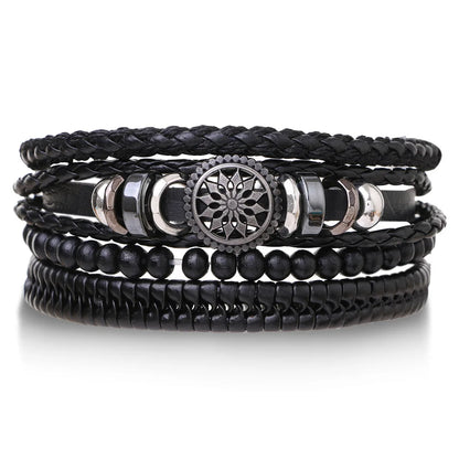 4Pcs Men's Braided Leather Bracelets Set – Vintage Life Tree & Rudder Charms, Wood Beads, Ethnic Tribal Wristbands