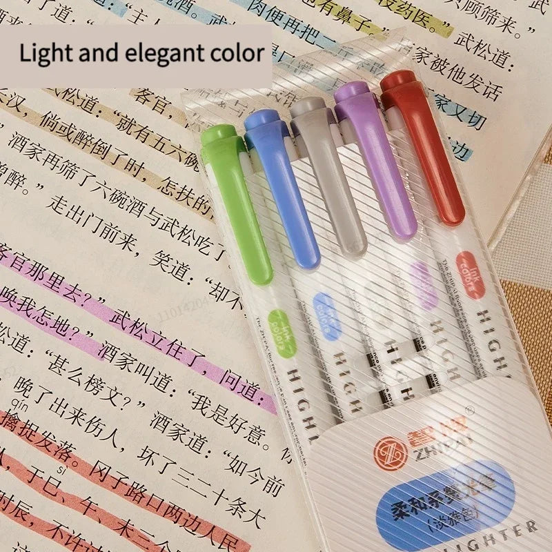5-Color Double-Ended Highlighter Pen Set - Cute Pastel Fluorescent Markers for Drawing, Art, and Japanese-Style Stationery