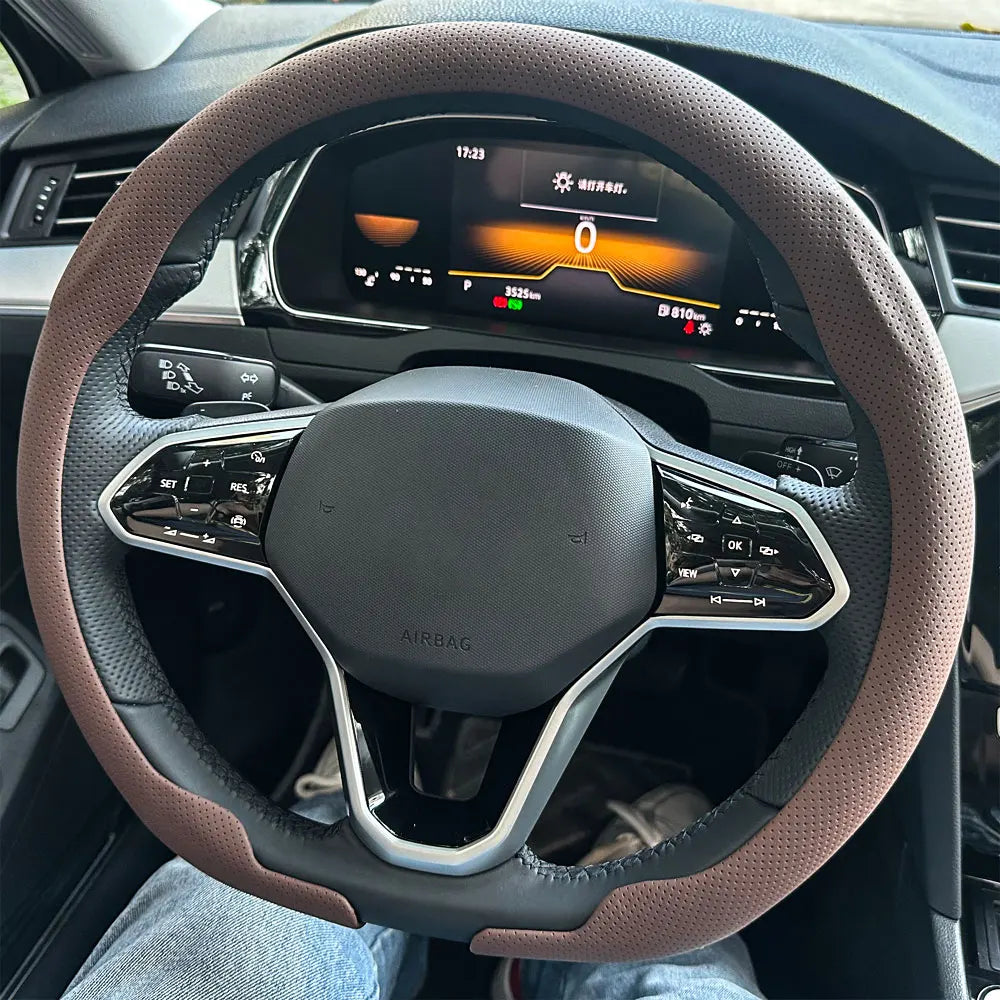 Universal Leather Steering Wheel Cover - Non-Slip Breathable Protector for 36-38cm Car Steering Wheels