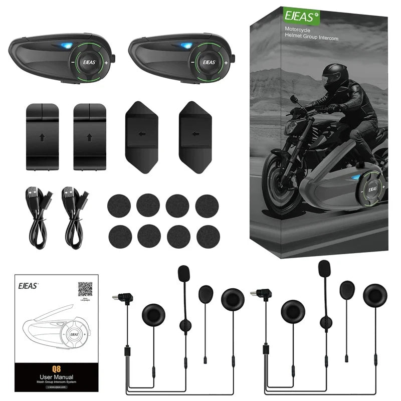 EJEAS Q8 Motorcycle Mesh Intercom – Bluetooth 5.1 Headset with EUC Remote Walkie Talkie for 6 Riders