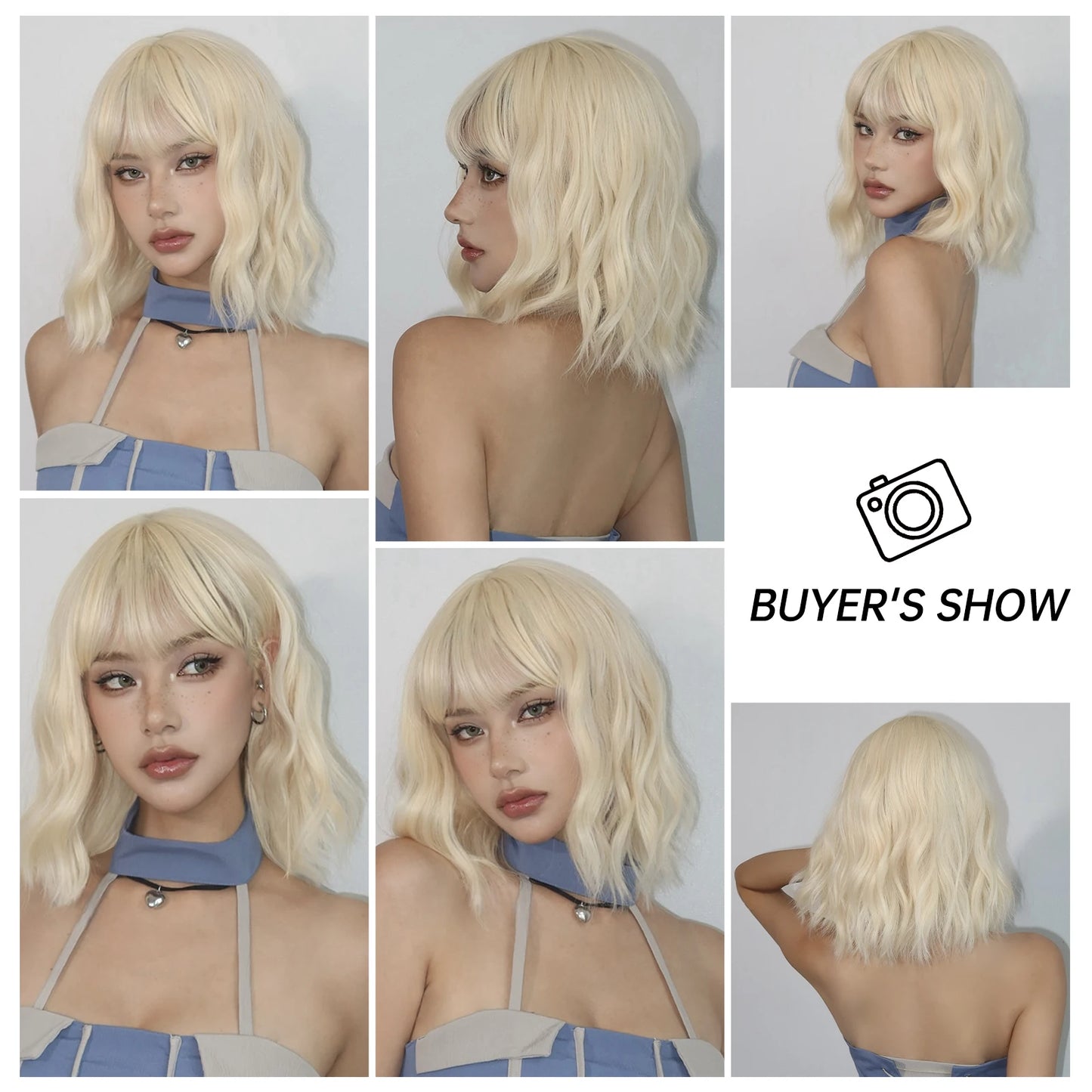 Blonde Short Curly Bob Synthetic Wig with Bangs – Platinum Golden Lolita Cosplay Wig for Women, Heat-Resistant for Daily & Party Use