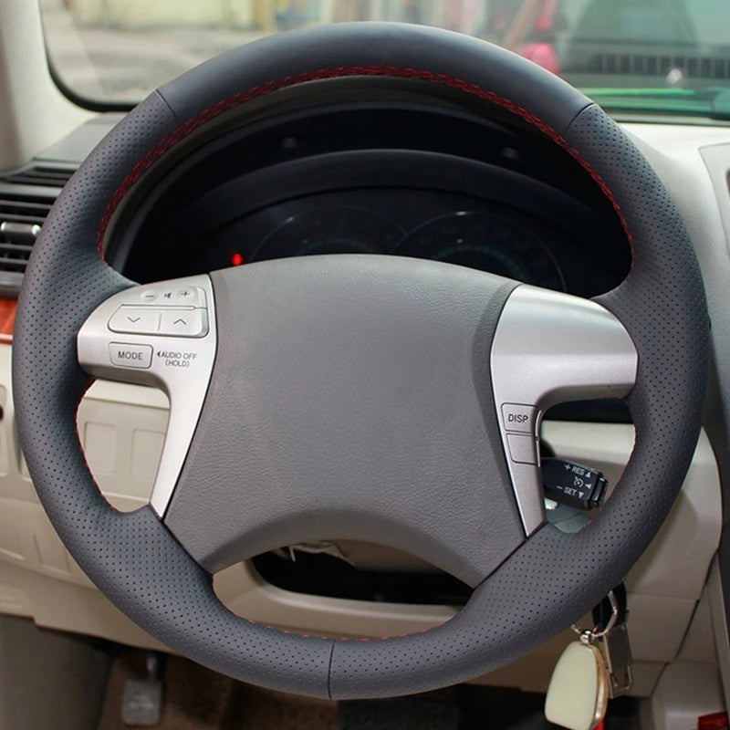 GNUPME DIY Leather Steering Wheel Cover - Hand-Stitched Black Cover for Toyota Highlander & Camry 2007–2011