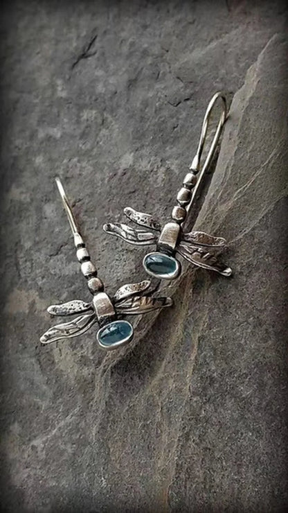 Retro Dragonfly Dangle Earrings - Silver Color Jewelry with Blue Stone Inlay for Women Party & Engagement Fashion