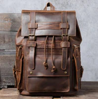 Vintage Crazy Horse Leather Backpack for Men — 17" Laptop Travel Rucksack Cowhide Hiking Bag M815